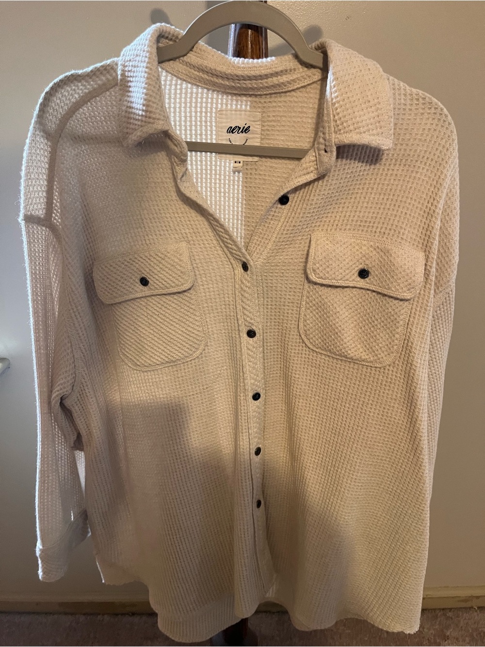 aerie Cream Waffle-Knit Button Down Shirt